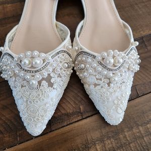 Ivory Crochet Lace Pointy toe flats with Small Pearls Applique (handmade)